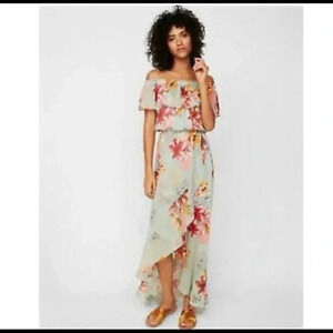 Express | Mint Green Sheer Off The Shoulders Maxi Floral Dress Size S Small